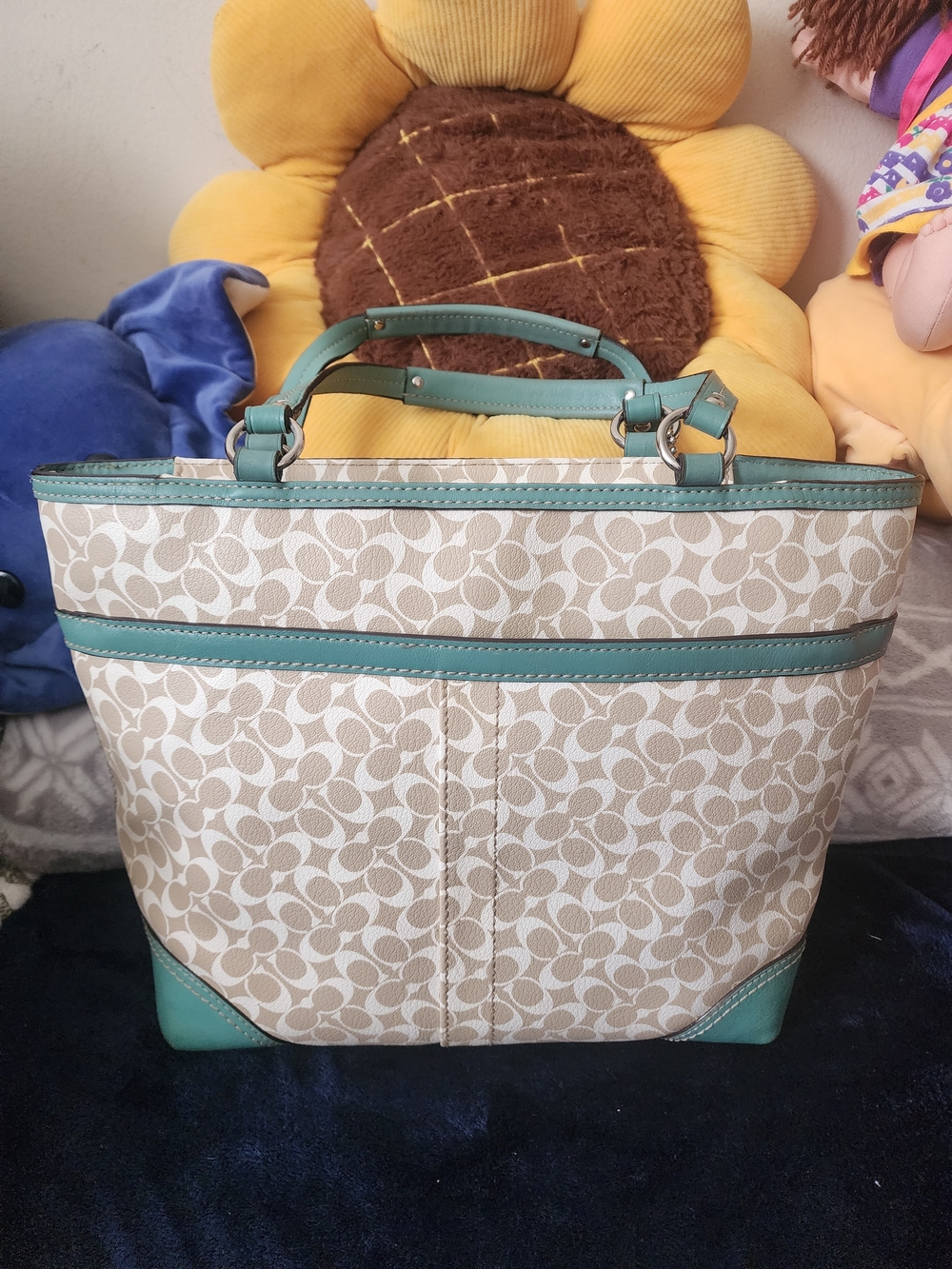 Coach Chelsea Heritage Stripe Signature Tote Bag Khaki Teal F15137 - Picture 5 of 8